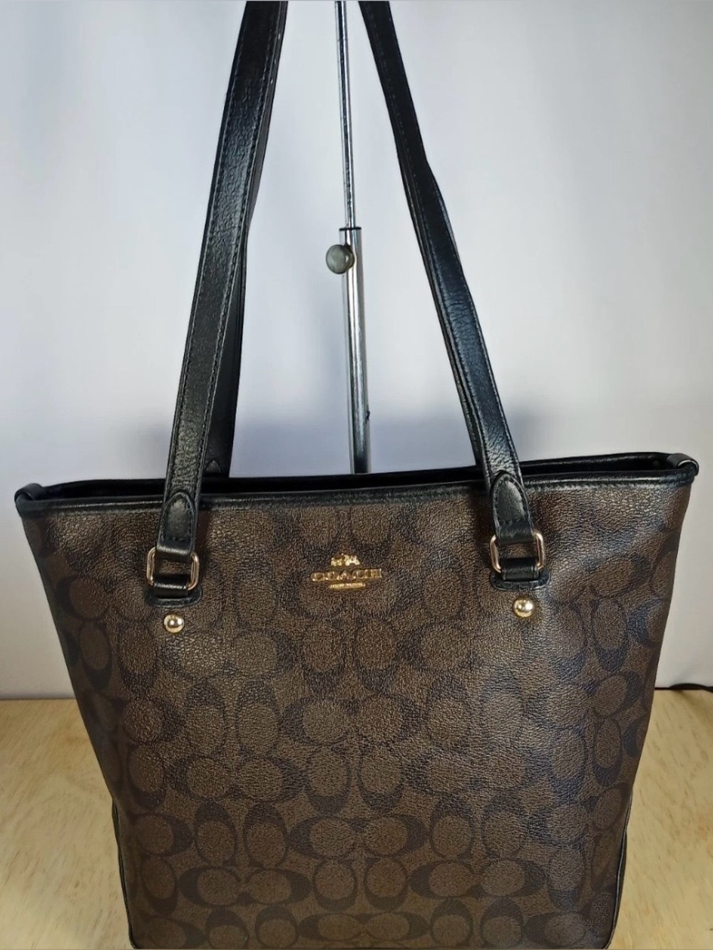Coach Dark Brown Signature Tote with Black Straps and Gold Hardware